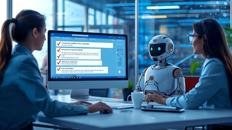 "A business office scene with professionals looking at a computer chatbot, and a compliance checklist on the screen. Professional, futuristic but realistic style, bright colors."