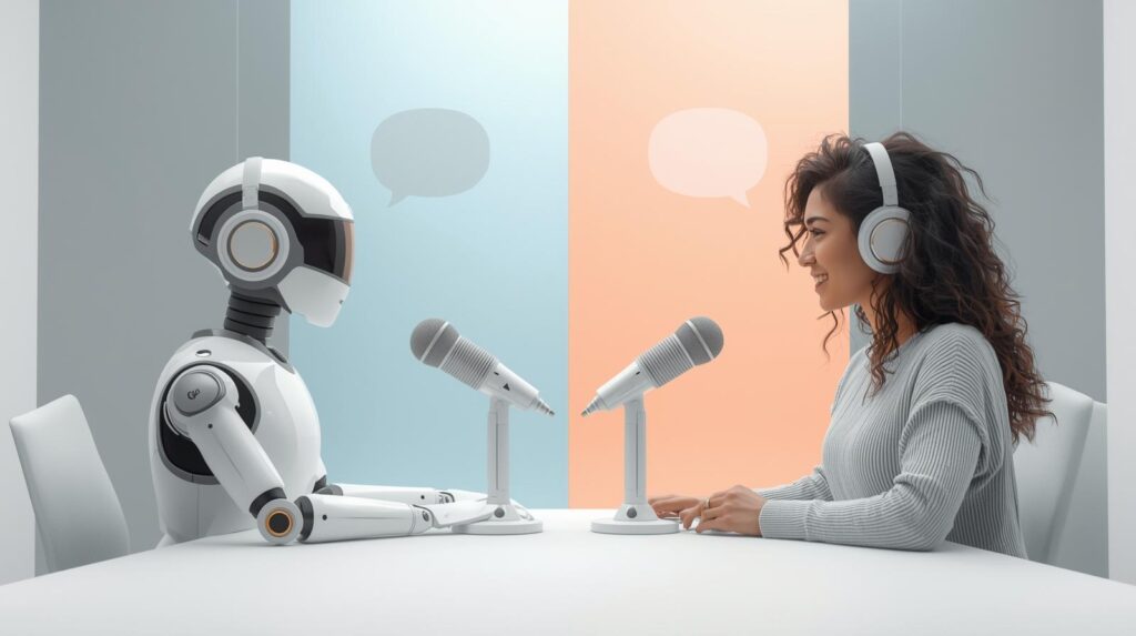 Two AI hosts in a podcast-style setup debating opposite sides of a topic, shown with speech bubbles or split-screen design. Engaging, clear, realistic but modern look.
